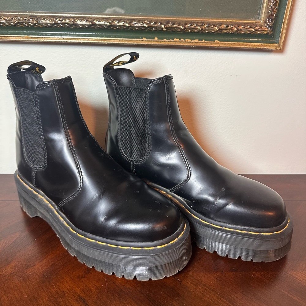 Dr. Martens Black Leather Platform Chelsea Boots with Yellow Stitching - Picture 4 of 10